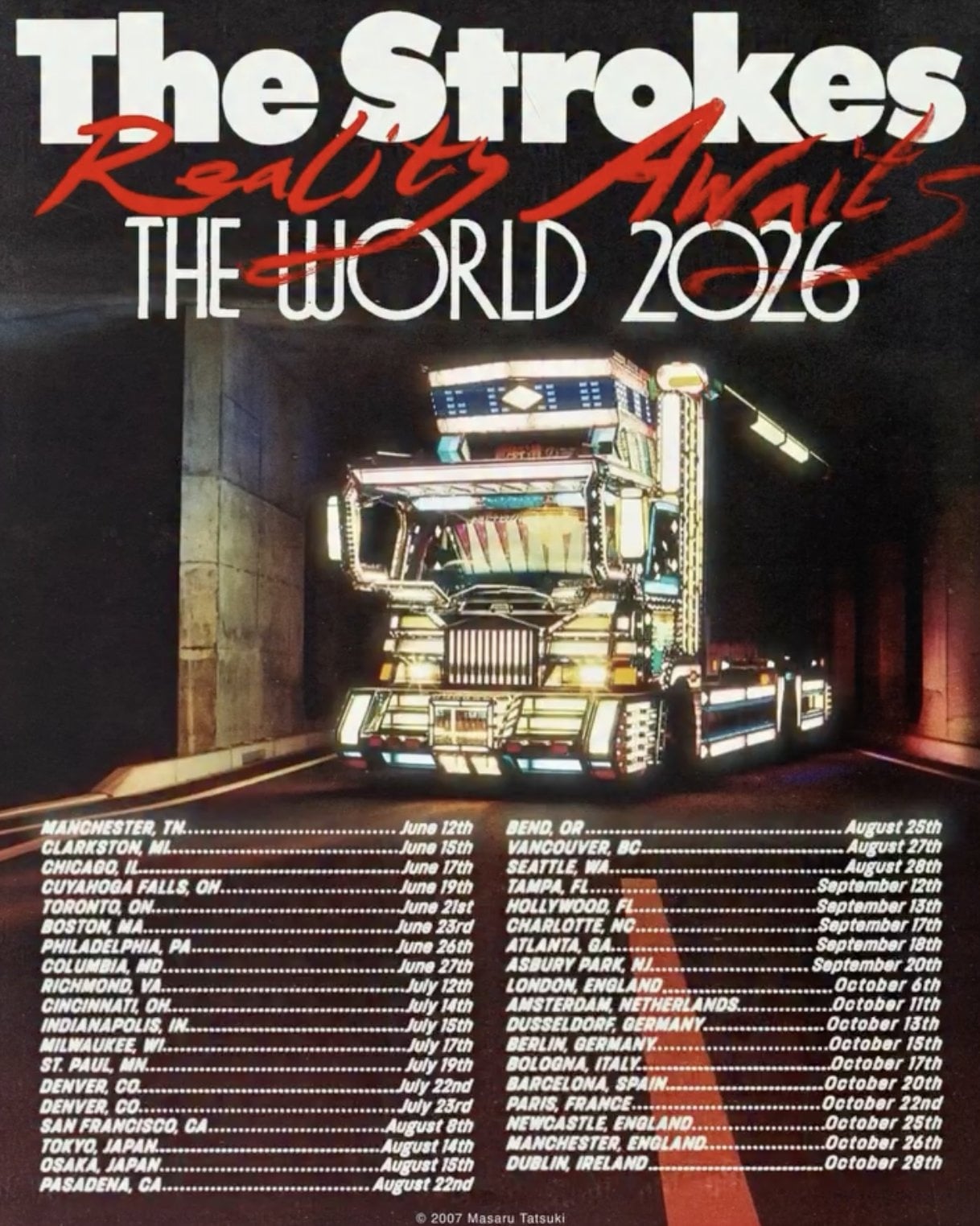 Poster de la gira Reality Awaits 2026 de The Strokes con todas las fechas